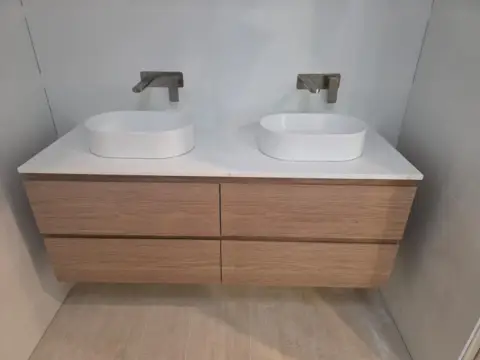 Timber double vanity with twin basins and wall mixers