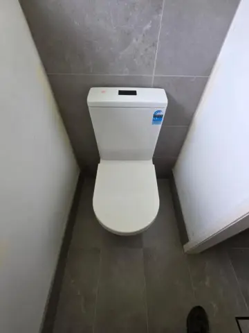 New toilet installed in a dark-tiled bathroom