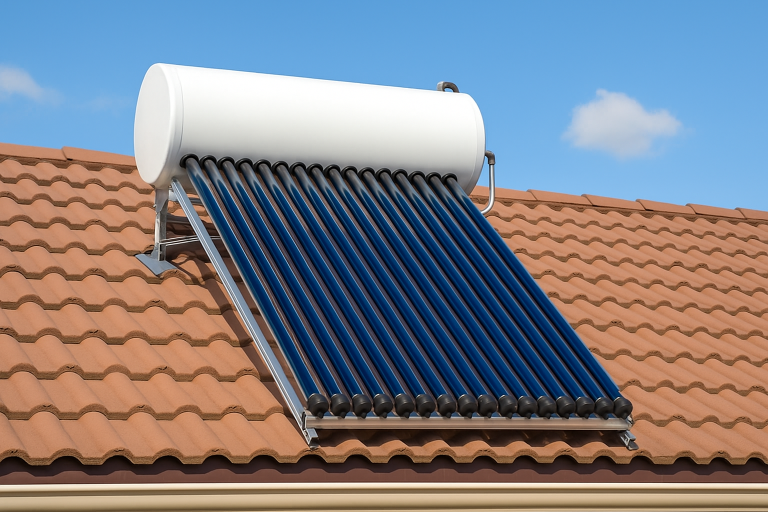 Solar water heater installed on a tiled roof under a clear blue sky, featuring evacuated tube collectors and a cylindrical storage tank.